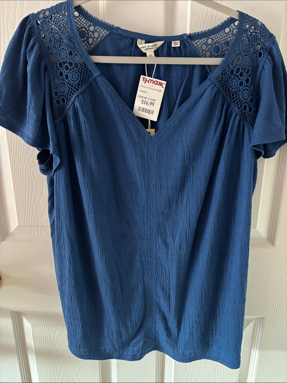 Max Studio London Indigo Crochet Yoke V-Neck Blouse
